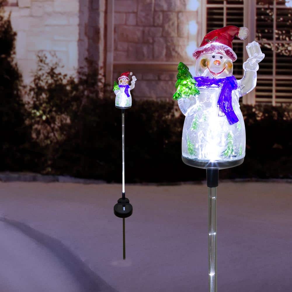 34 in. Tall Solar Snowman Fiber Optic Garden Stake with LED Lights, Set of 2 - Hercitys