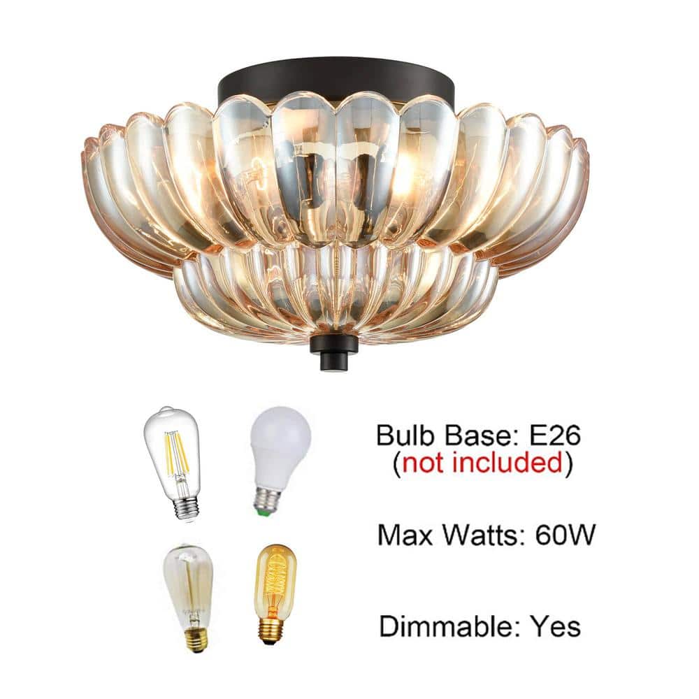 11.6 in. 3-Light Black Modern Semi-Flush Mount with Decorative Glass Shade and No Bulbs Included 1-Pack - Hercitys