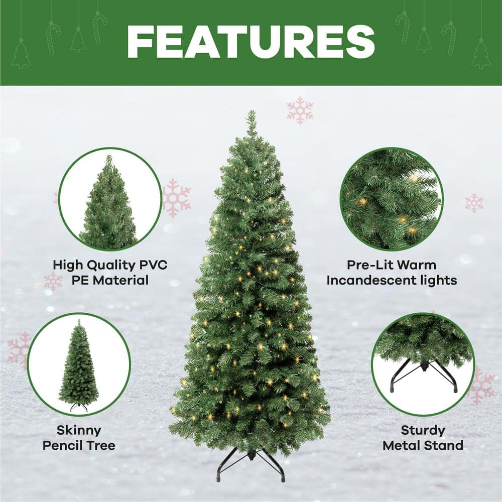 4.5 ft. Skinny Prelit Slim Artificial Christmas Tree with 444 Branch Tips, 150 Warm Lights and Metal Stand - Hercitys