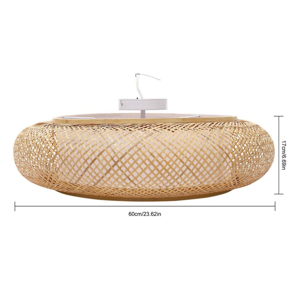 23.6 in. 3-Light Yellow Rural Round Semi-Flush Mount Ceiling Light with Rattan Shade and No Bulbs Included - Hercitys