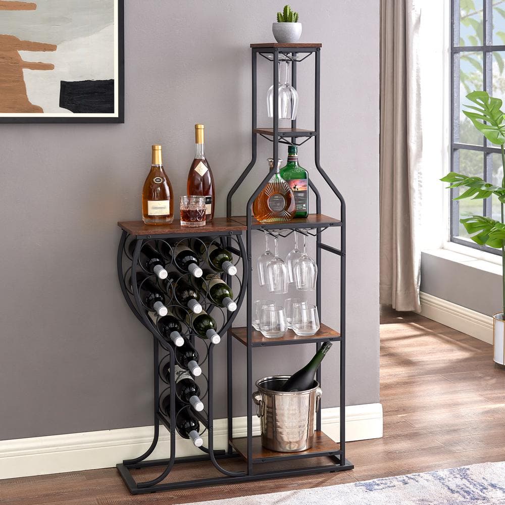 5-Tier Freestanding Wine Rack with Hanging Wine Glass Holder and Storage Shelves in Brown for Kitchen, Dining Room - Hercitys