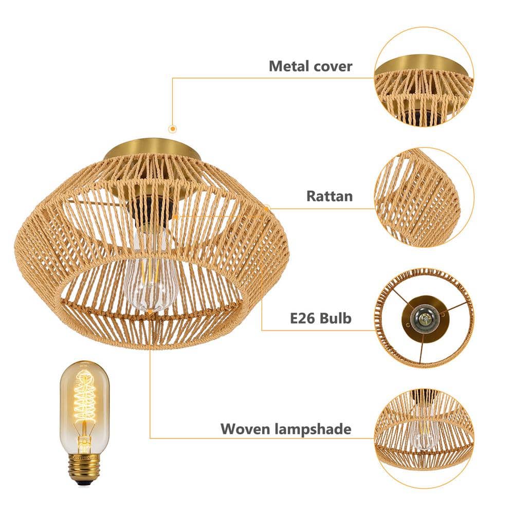 12.6 in. 1-Light Gold Retro Hand Woven Paper String Semi-Flush Mount Ceiling Light - Hercitys