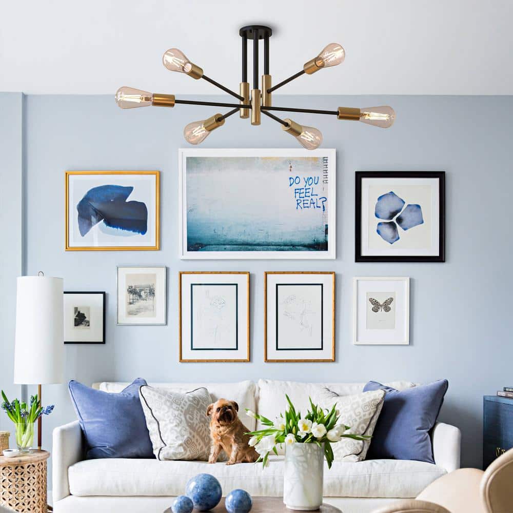 32.7 in. 6-Light Black Unique Modern Sputnik Semi-Flush Mount with Aged Brass Socket Cups - Hercitys