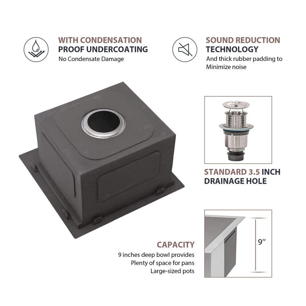 15 in. 16-Guage Stainless Steel 15 x 15 in. Single Bowl Drop-In Kitchen Bar Sink - Hercitys