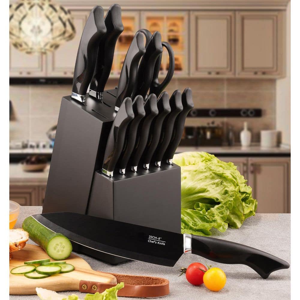 15-Piece German High Carbon Stainless Steel Knife Block Set in Black with Build-in Knife Shapener, Dishwasher Safe - Hercitys