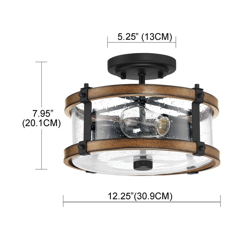 12.2 in. W. 2-Light Semi Flush Mount with Matte Black, Barnwood Accents and Seeded Glass Shade - Hercitys