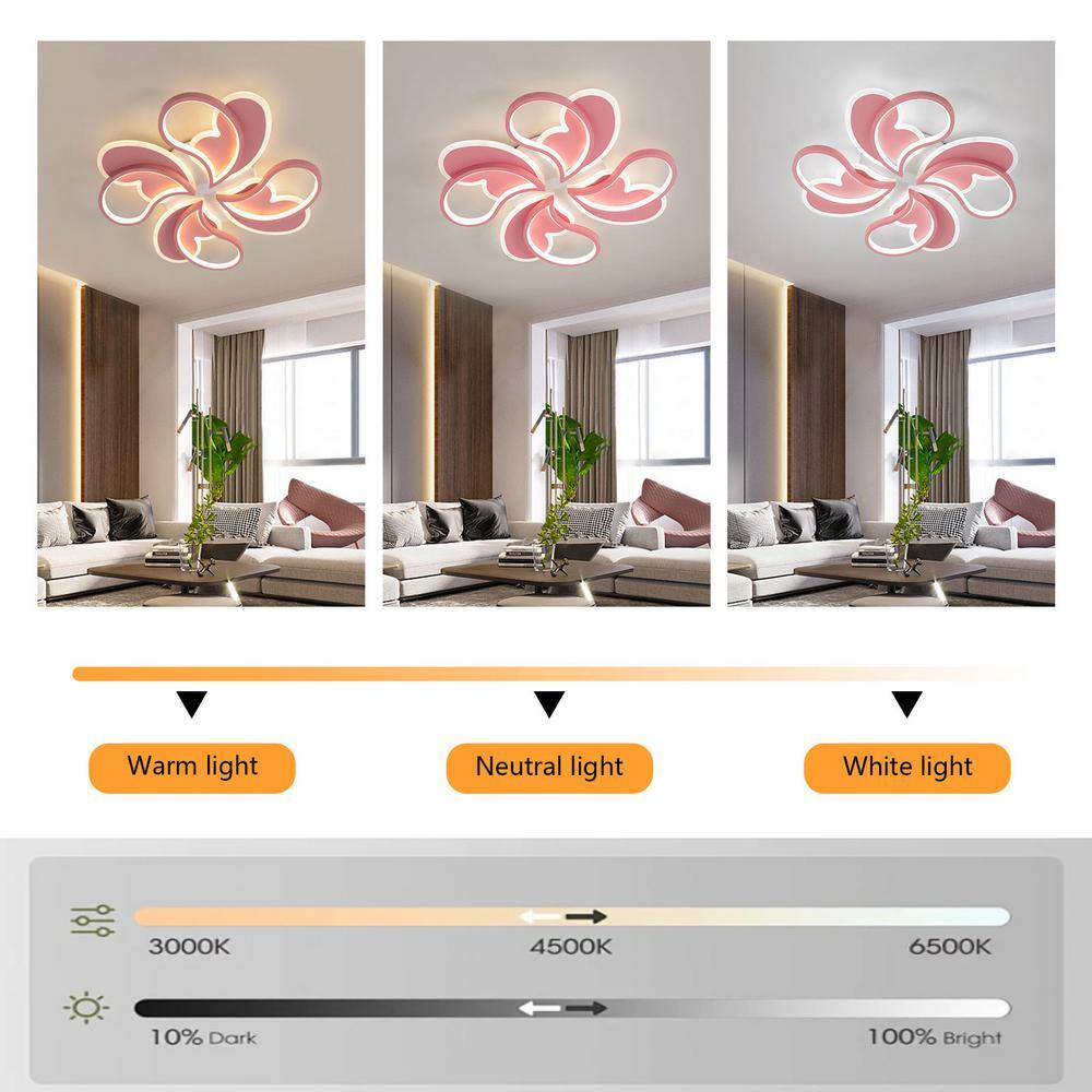 ​​19.68 in. 1-Light Pink & White Modern Petal-Shaped Dimmable Selectable LED Semi-Flush Mount Ceiling Light with Remote - Hercitys