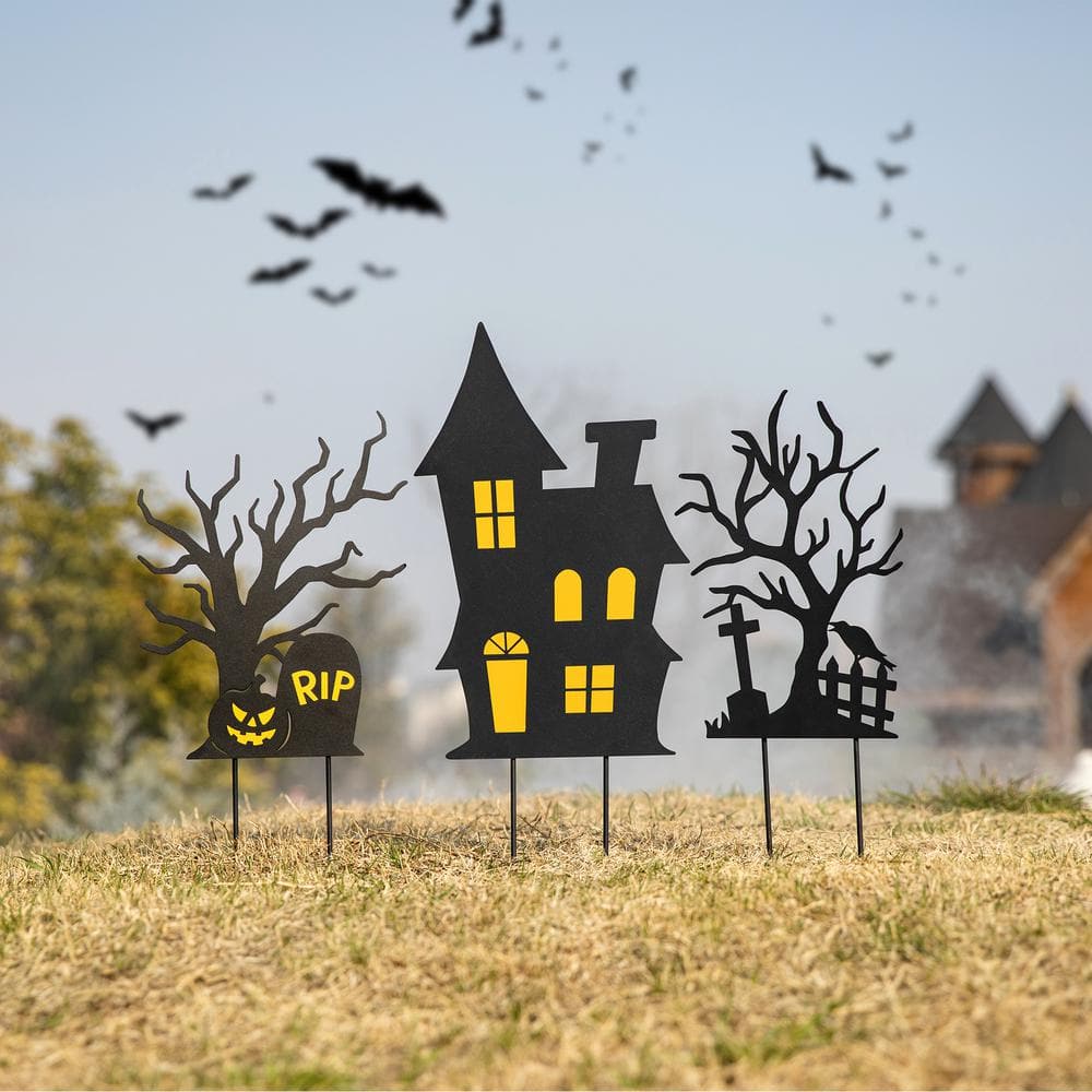 24 in. H Halloween Metal Silhouette Haunted House and Ghost Tree Yard Stake or Hanging Decor (Set of 3) - Hercitys