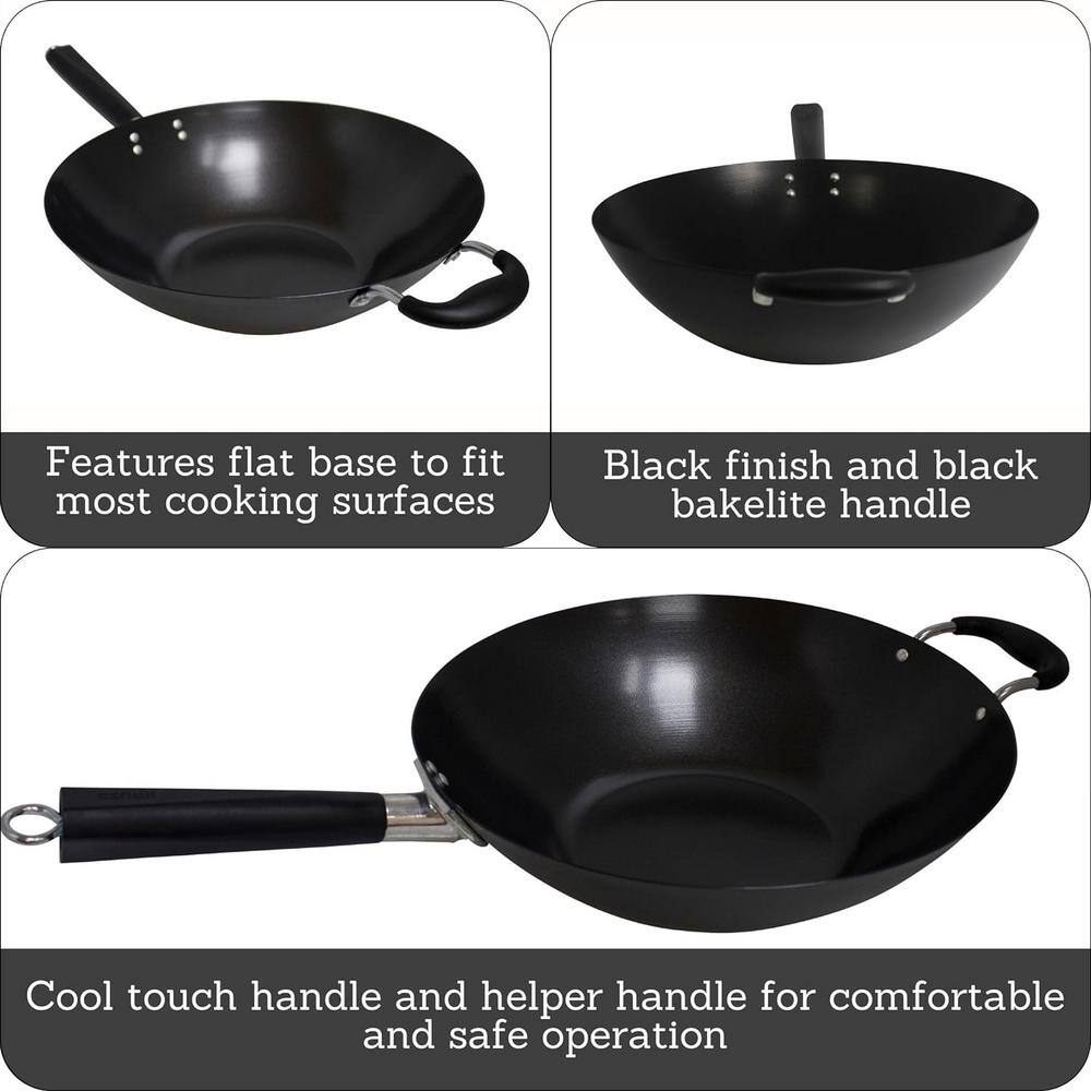 14 in. Carbon Steel Nonstick Wok w/ Bakelite & Triangle Handle, Excellent Heat Distribution Electric Stovetop Compatible - Hercitys