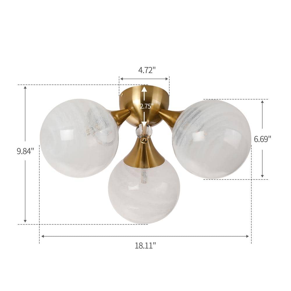 18 in. 3-Light Brass Triple Semi-Flush Mount with White Bubble Glass Shade and No Bulbs Included - Hercitys