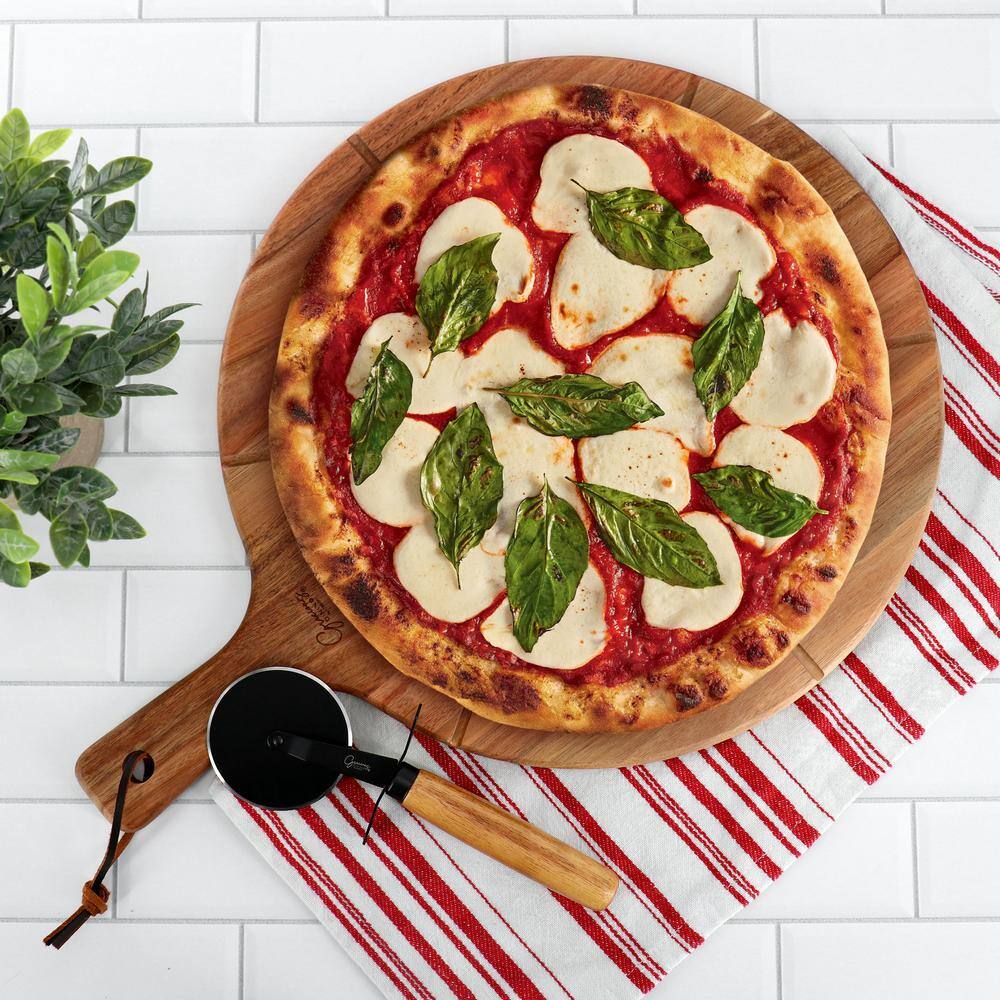 2-Piece Acacia Wood Serving Board and Pizza Cutter Set in Brown - Hercitys