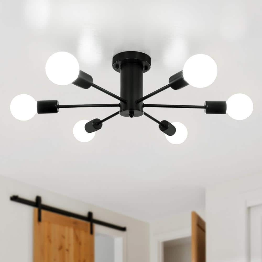 21.81 in. 6-Light Matte Black Sputnik Semi- Flush Mount For Foyer Bedroom with No Bulbs Included - Hercitys