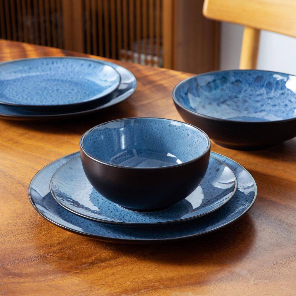16-Piece Blue Stoneware Dinnerware Set (Service Set for 4) Bowls and Plates Dinner Set - Hercitys