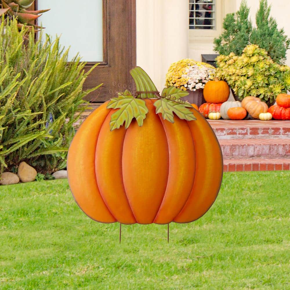 36 in. H Fall Oversized Metal Pumpkin Yard Stake or Wall Decor or Standing Decor - Hercitys