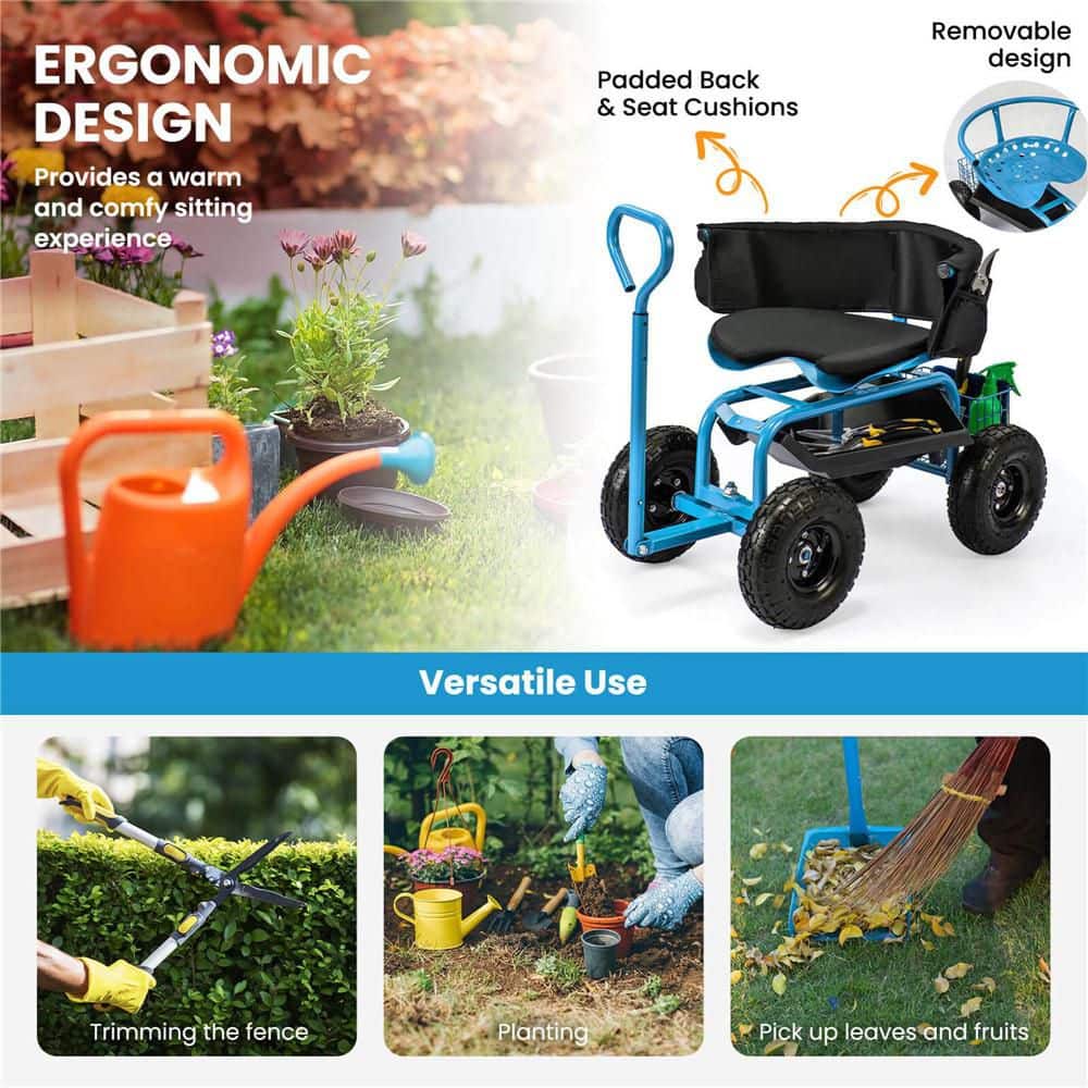 0 cu. ft. Metal Rolling Garden Cart Height Adjustable Scooter with Swivel Seat and Tool Storage Blue - Hercitys