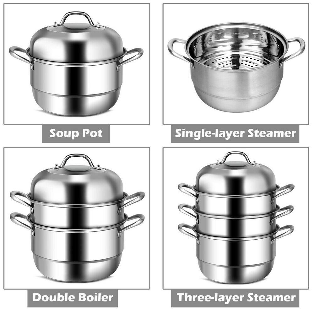 3-Tier 11.6 qt. Stainless Steel Steamer Insert Saucepot  Stock Pot with Lid, Safe Loop Handles - Hercitys