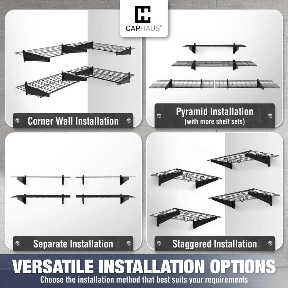 36 in. W x 18 in. D Black Metal Garage Wall Shelf, Wall Mounted Garage Shelves with 2 Bike Hooks, (Pack of 2) - Hercitys