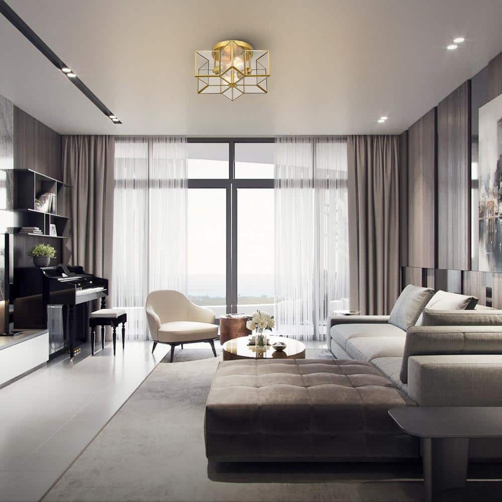 13.3 in. 2-Light Gold Flush Mount with Star Glass Shade - Hercitys