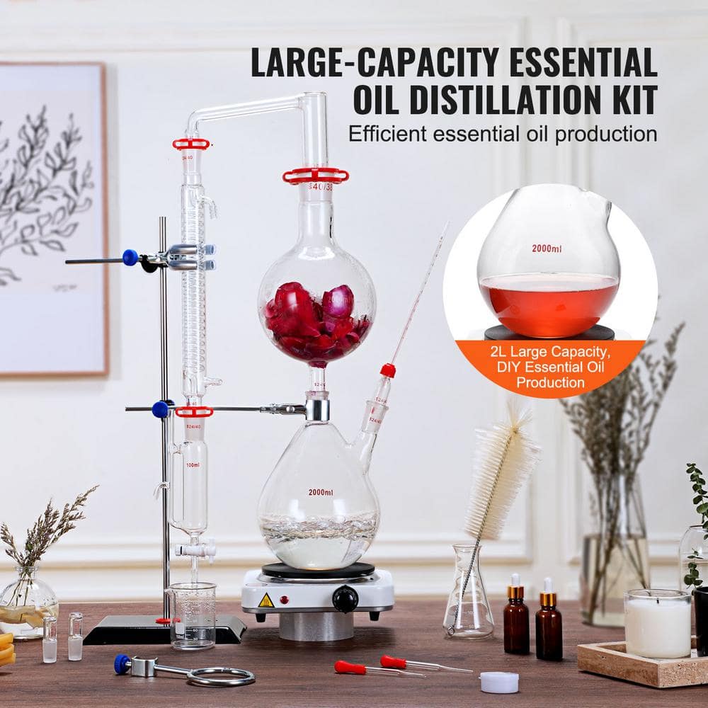 2000ml Essential Oil Distillation Kit, 3.3-Boro Glassware, 1000-Watt Heating Plate, 24/40 Joint, 28-Pieces Set - Hercitys