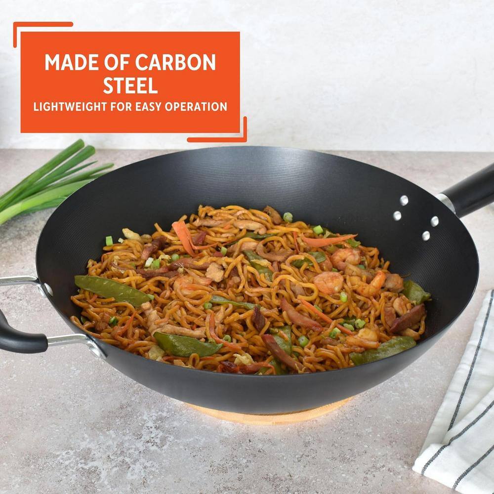 14 in. Carbon Steel Nonstick Wok w/ Bakelite & Triangle Handle, Excellent Heat Distribution Electric Stovetop Compatible - Hercitys