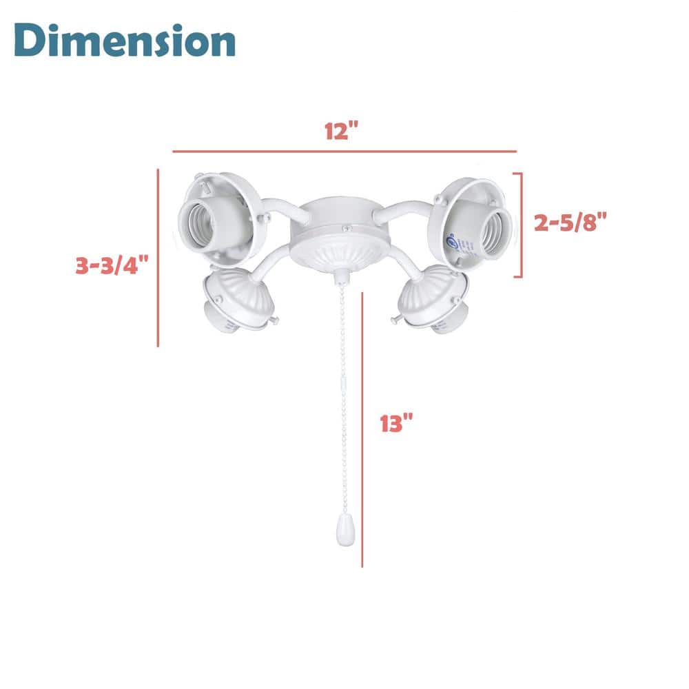 4-Light 9 in. Painted White Ceiling Fan Fitter Light Kit with Pull Chain (1-Pack) - Hercitys