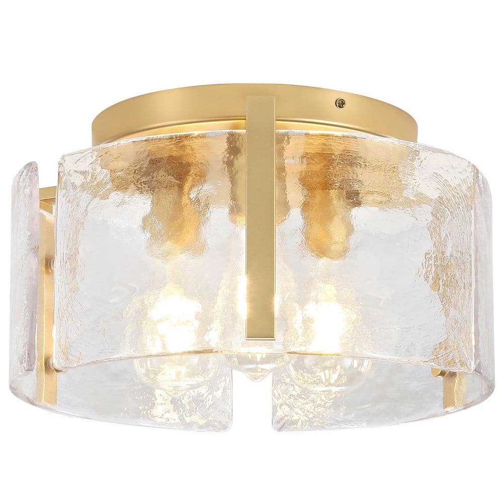 14.96 in. 3-Light Gold Modern Flush Mount Ceiling Light with Water Glass Shade - Hercitys
