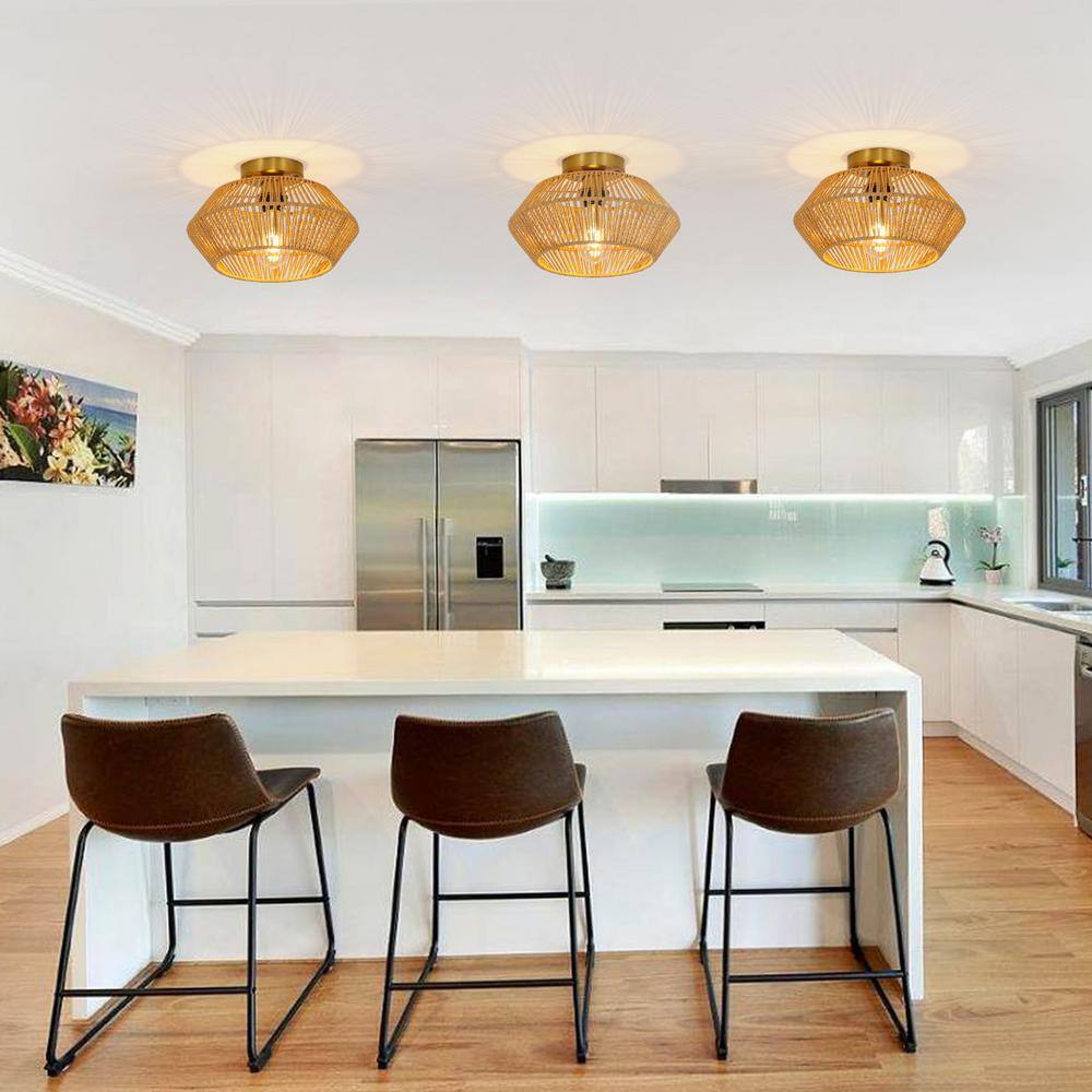 12.6 in. 1-Light Gold Retro Hand Woven Paper String Semi-Flush Mount Ceiling Light - Hercitys