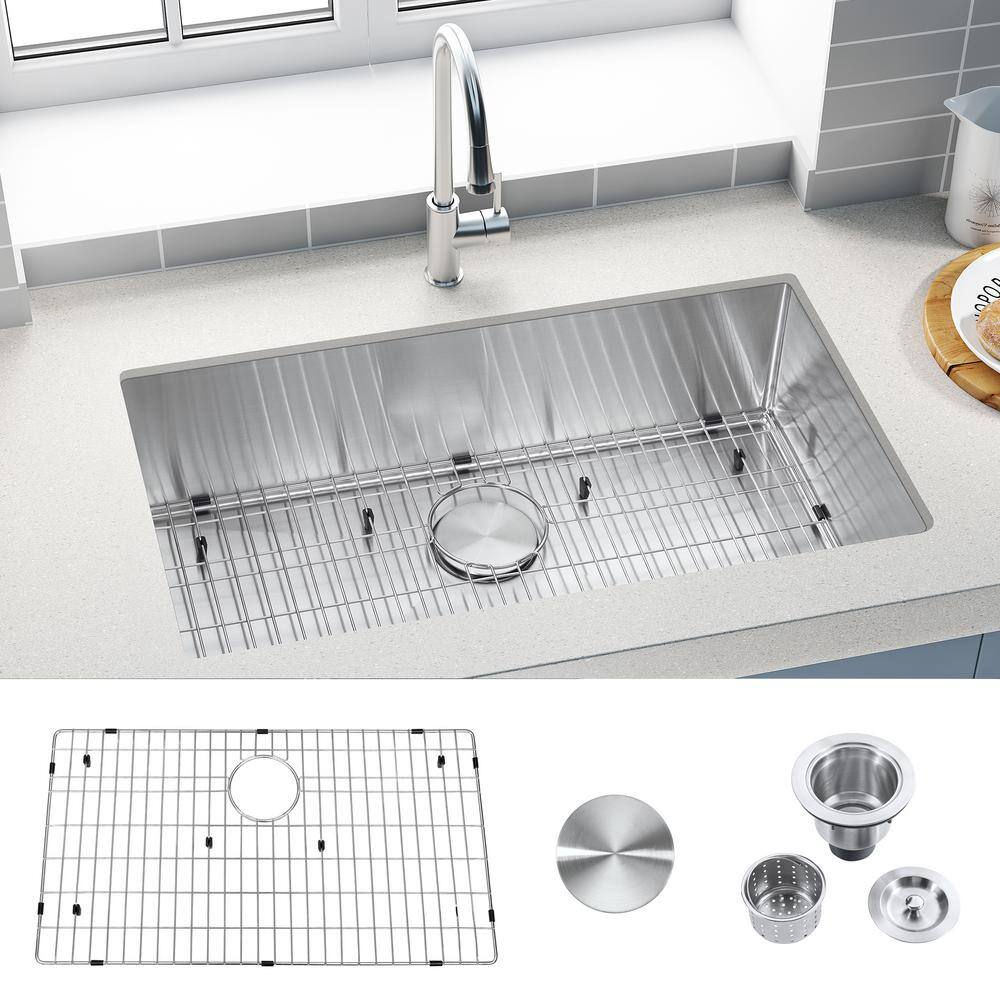 32 in Undermount Single Bowl 18 -Gauge Stainless Steel Kitchen Sink with Bottom Grids - Hercitys