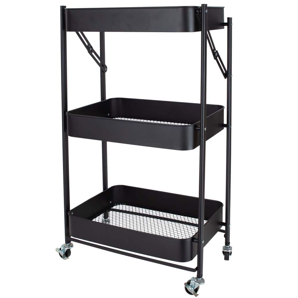 3-Tier Folding Utility Rolling Storage Cart in Black - Hercitys