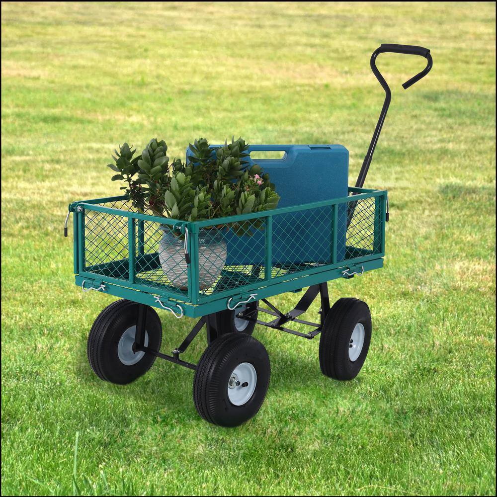 3 Cu. Ft. Green Steel Garden Cart, Wagon Cart, Removable Side Steel Mesh - Hercitys