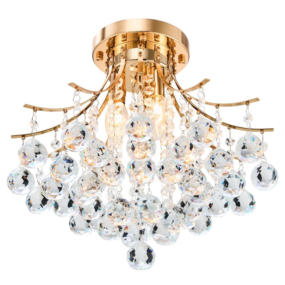 15.4 in. 3-Light Gold Crystal Chandelier Flush Mount Ceiling Light Fixture - Hercitys
