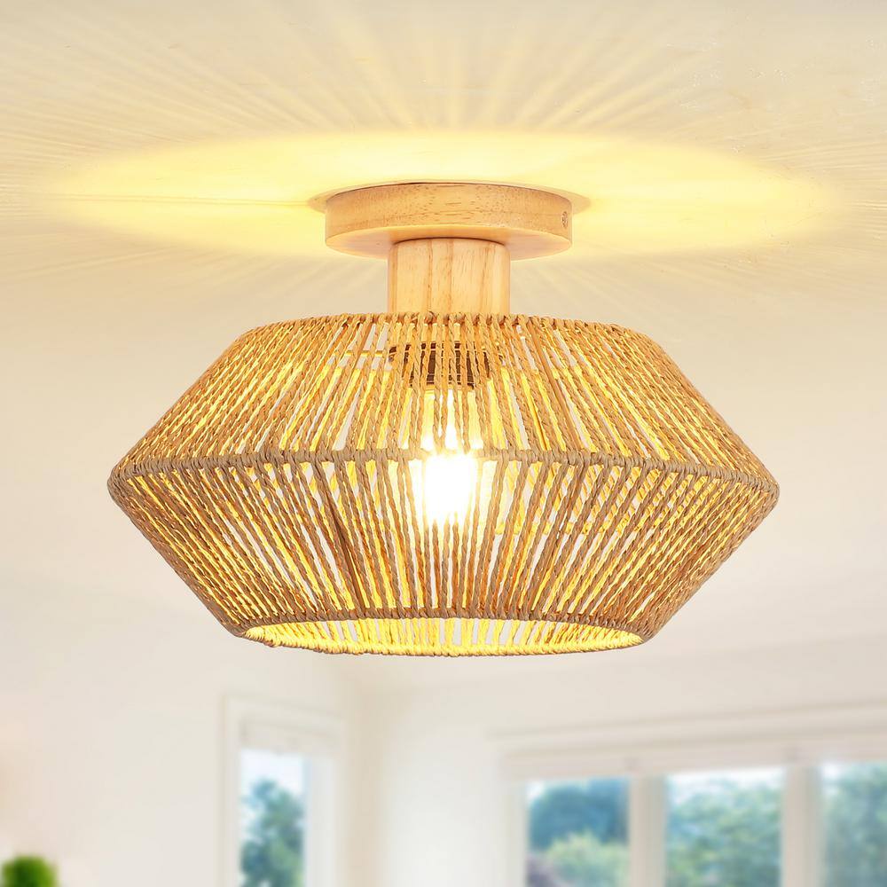 12.6 in. 1-Light Bohemian Woven Rattan Semi-Flush Mount Ceiling Light - Hercitys
