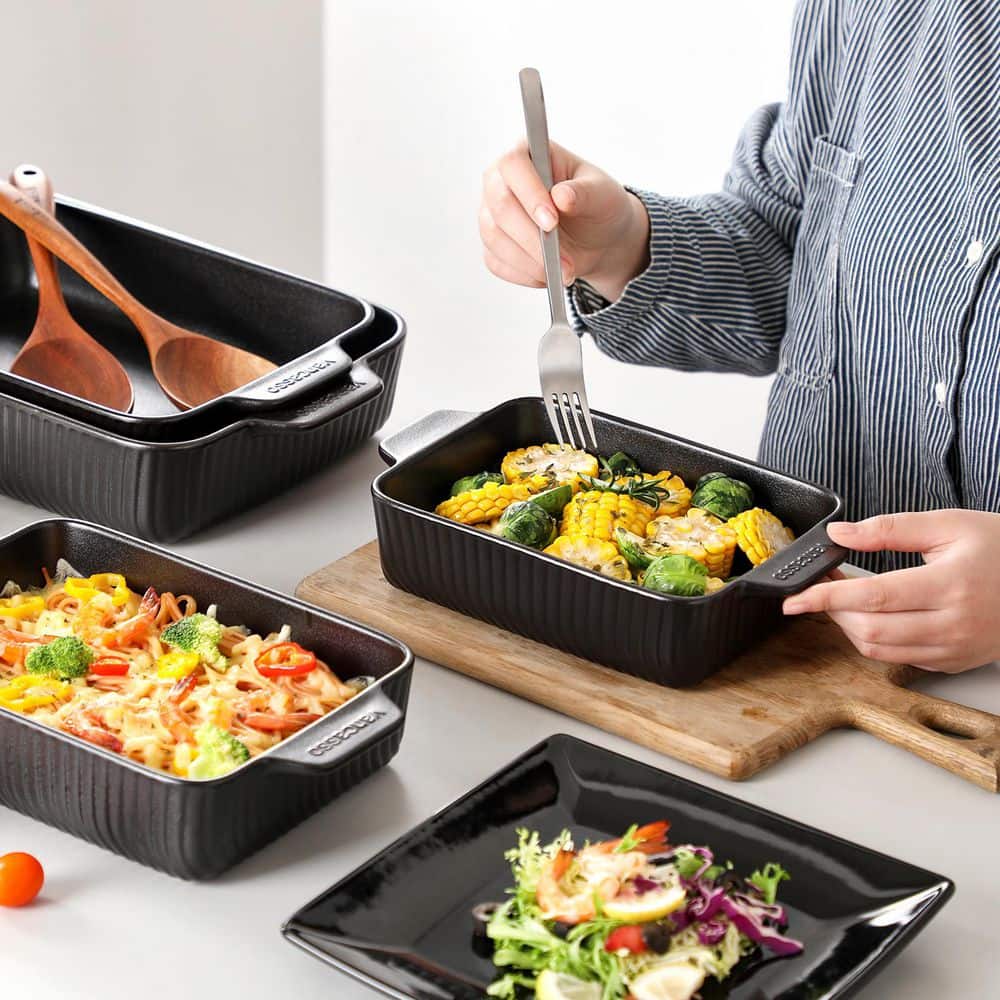 4-Piece Black Rectangular Stoneware Baking Dish Set with Handles Casserole and Lasagna Pan Bakeware - Hercitys