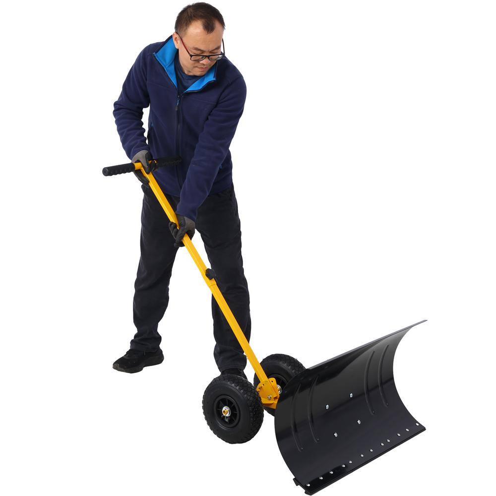 15 in. L Steel Handle Steel Snow Shovel with 29 in. W Blade and 10 in. Wheels, Yellow - Hercitys