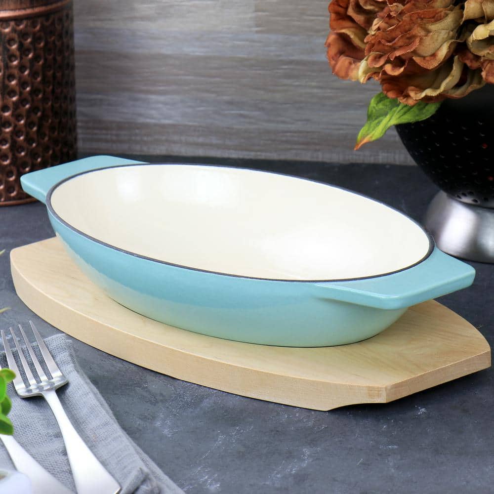 2-Piece Enameled Cast Iron Oval Casserole Birch Wood Trivet Set in Aqua - Hercitys