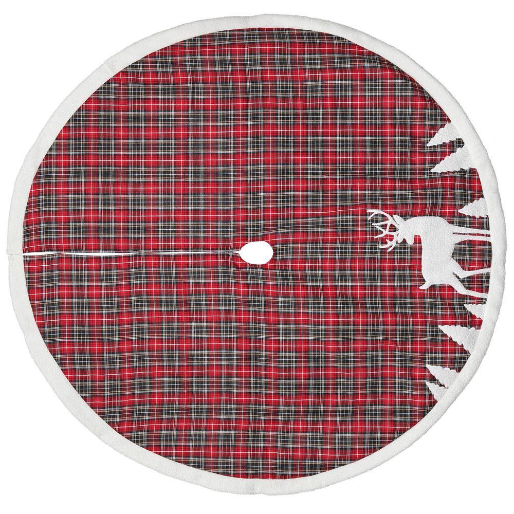 48 in. Red Plaid Tree Skirt Deer Applique - Hercitys