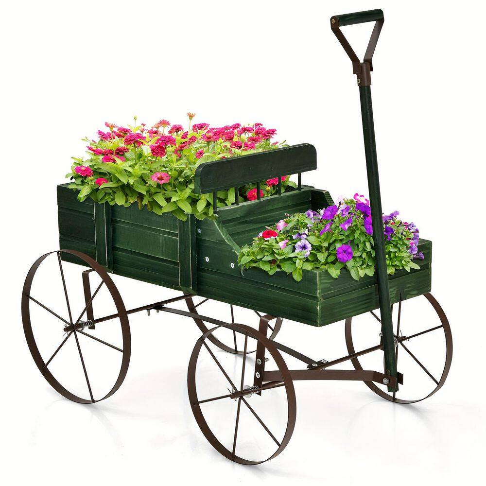 24.5 in. x 13.5 in. x 24 in. Green Fir Garden Planter Car with Metal Wheels - Hercitys
