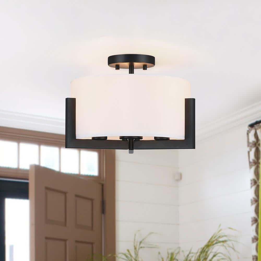 14 in. 3-Light Matte Black Semi-Flush Mount Ceiling Light with Drum Shade - Hercitys