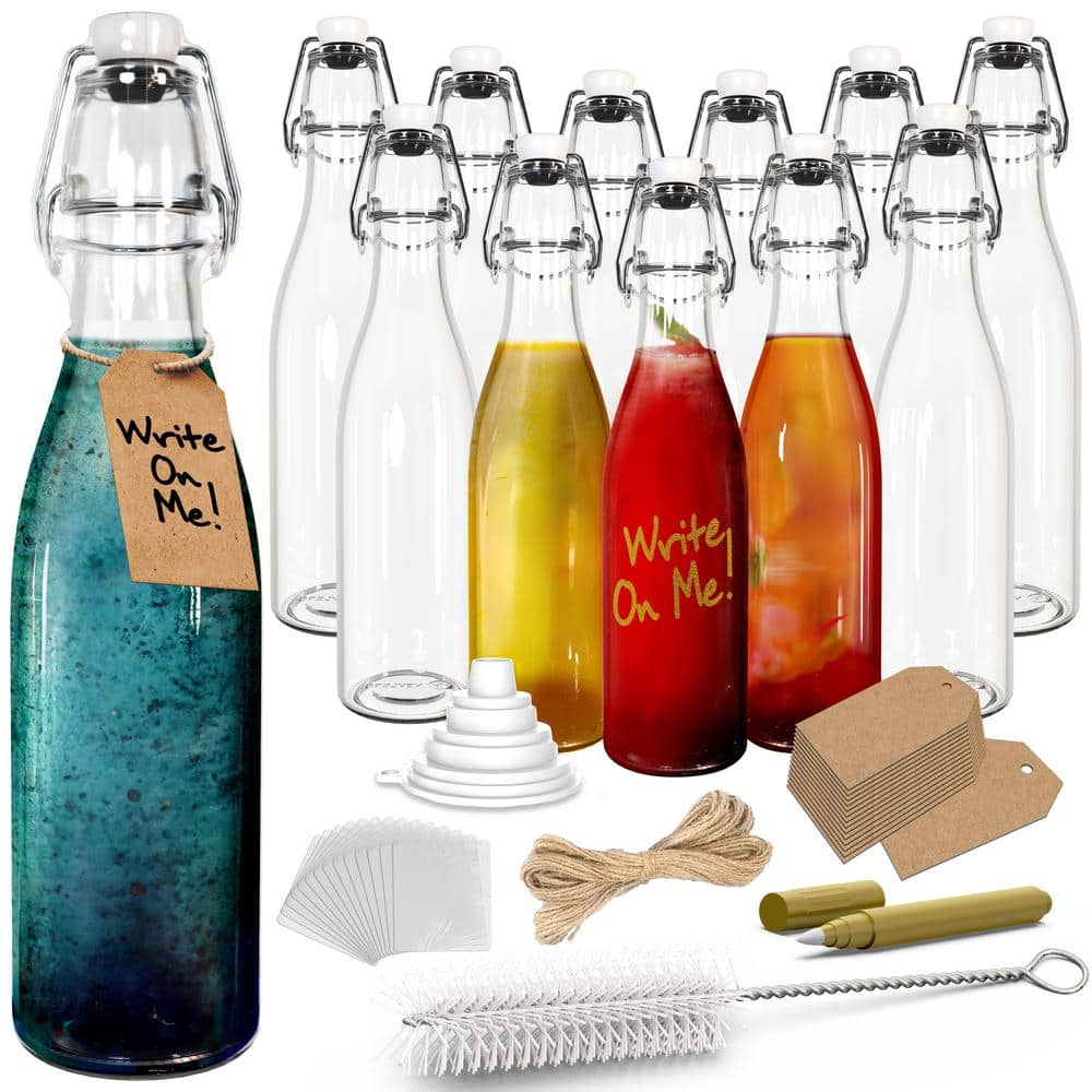 12 oz. Round Swing Top Glass Bottles with Bottle Brush, Funnel, Tags, Shrink Wrap and Glass Marker (Set of 12) - Hercitys