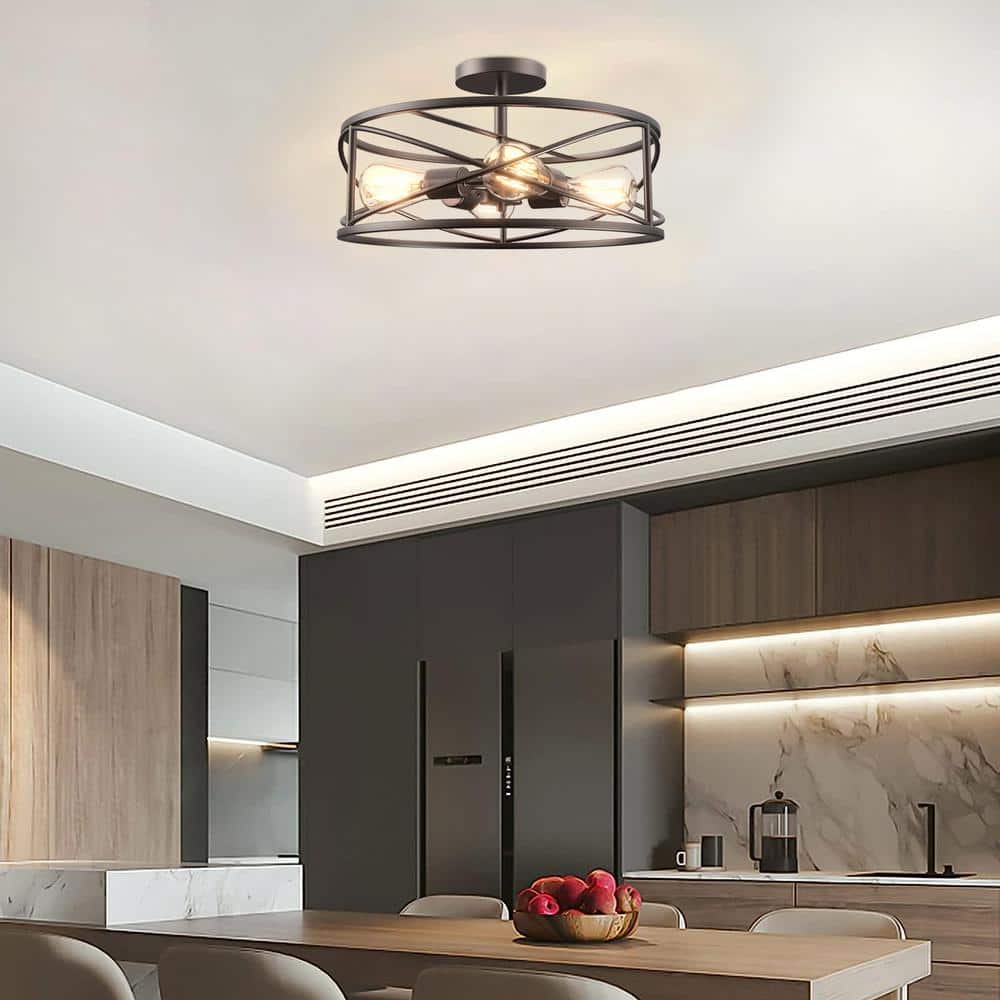 17 in. 4-Light Bronze Caged Drum Semi-Flush Mount - Hercitys