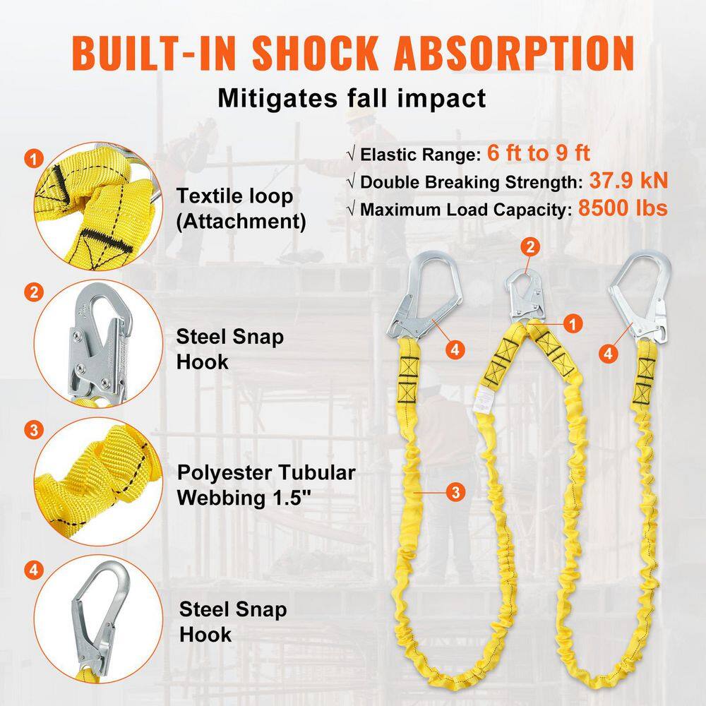 38mm Safety Lanyard, 6ft.(1.83m) Fall Protection Lanyard with 2 Alloy Steel Snap Hooks, Retractable Safety Belt, Yellow - Hercitys