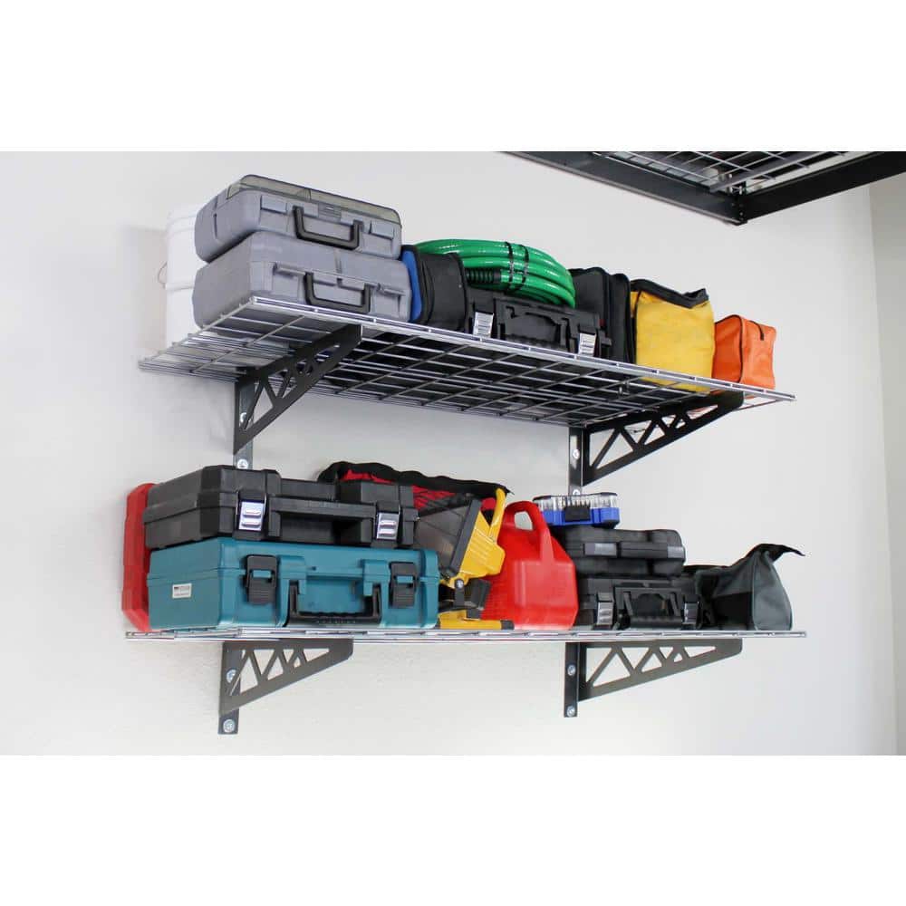 18 in. D x 48 in. W x 8 in. T Hammertone Grey Heavy-Duty Steel Wall Mounted Shelves Includes 2 Shelves and 4 Hooks - Hercitys