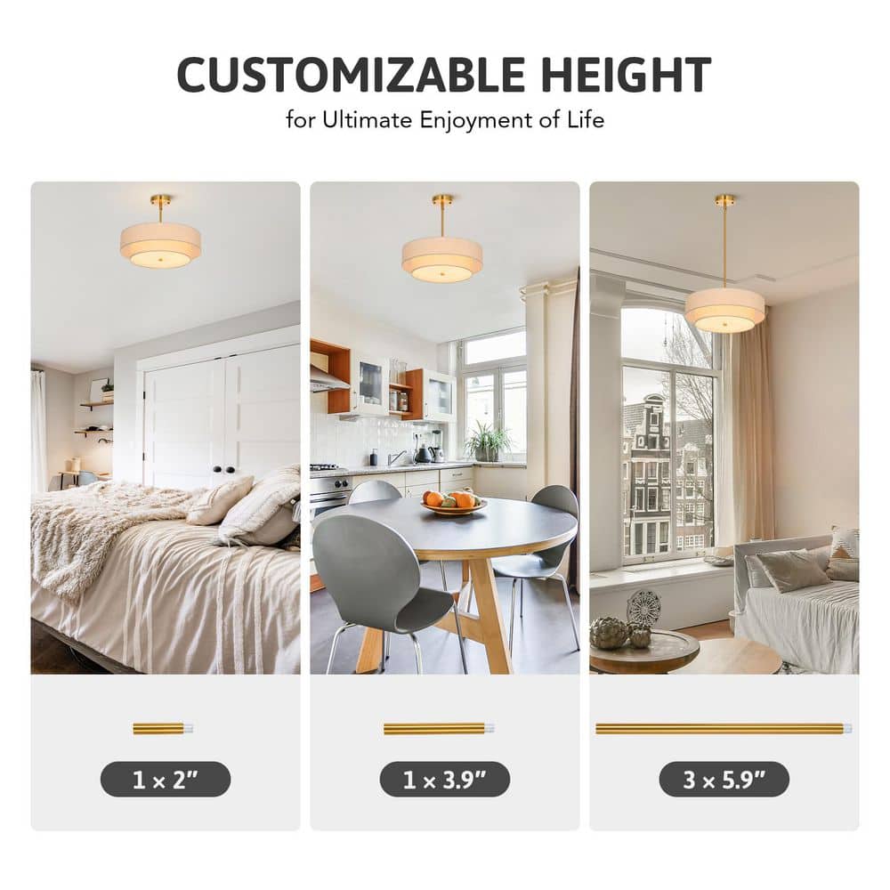 18 in. 4-Light Antique Brass Semi-Flush Mount Ceiling Light Fixture Drum Pendant Light with 2-Layer Fabric Shade - Hercitys