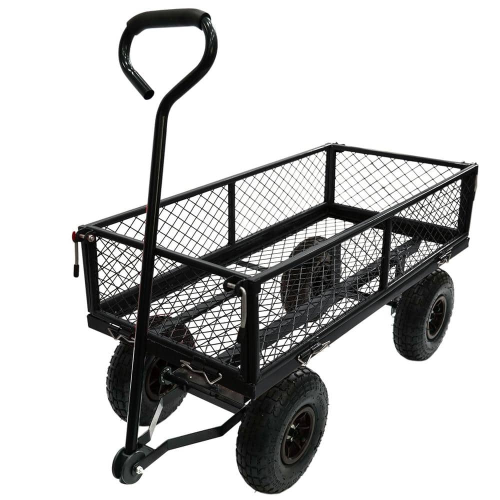 3.5 cu. ft. Mesh Steel Frame Wagon Heavy-Duty Push Garden Cart with Removable Sides for Outdoor Lawn Landscape in Black - Hercitys