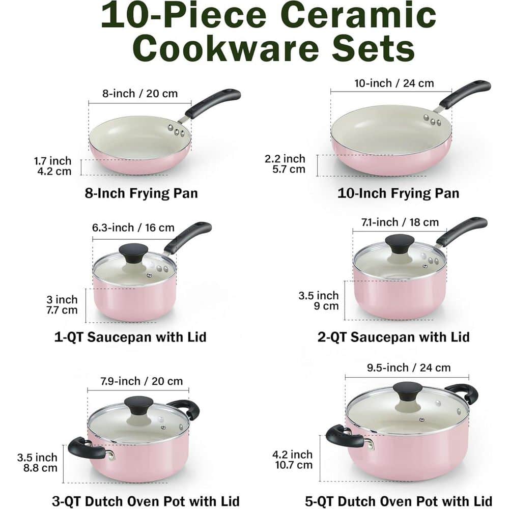 10-Piece Ceramic Aluminum Nonstick Kitchen Cookware Sets, Pink - Hercitys