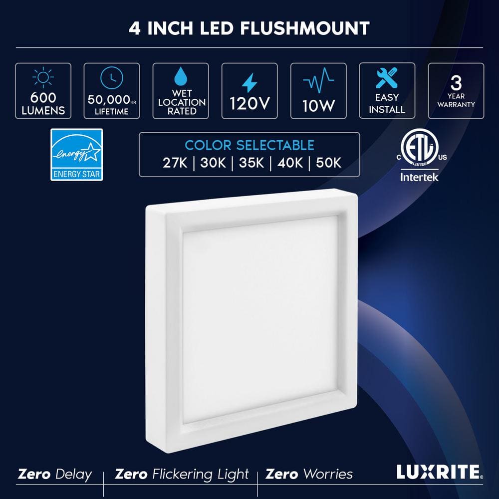 4 in. Square White Modern Flush Mount Ceiling Light LED Integrated 10-Watt 600LM 5CCT 2700K-5000K Dimmable (4-Pack) - Hercitys