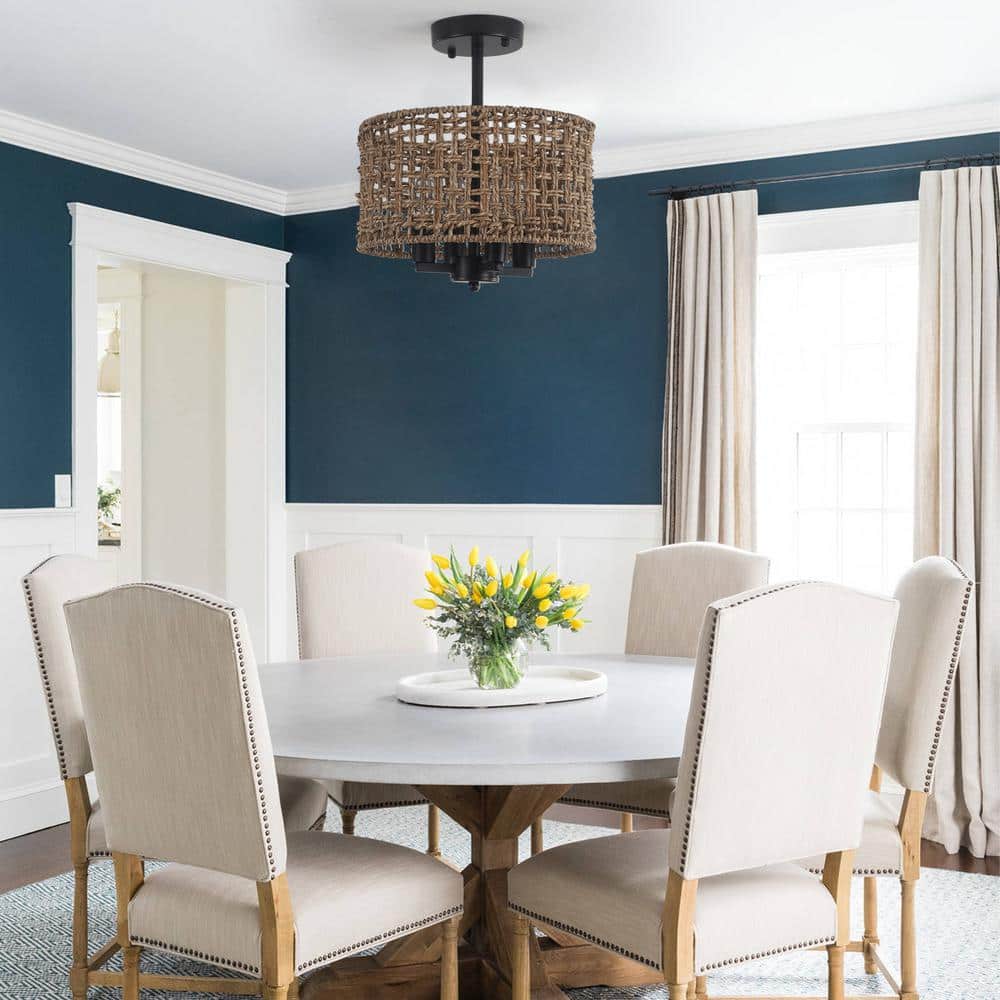 11.8 in. 4-Light Black Farmhouse Drum Semi-Flush Mount Ceiling Light Fixture with Hand Woven Shade - Hercitys