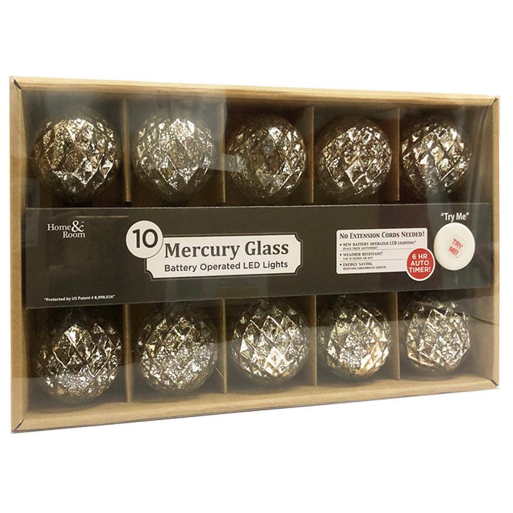 10-Light Battery Operated 2.36 in. Faceted Silver Mercury Glass Globes Pure White LED New Year Light String - Hercitys
