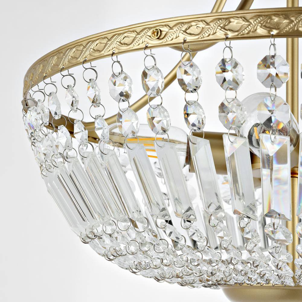 5-Light 19.5 in. Crystal Ceiling Light Fixture, Brass Semi Flush Mount Chandelier - Hercitys