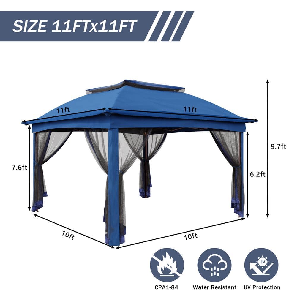 11 ft. x 11 ft. Deep Blue Steel Pop-up Gazebo with Mosquito Netting - Hercitys